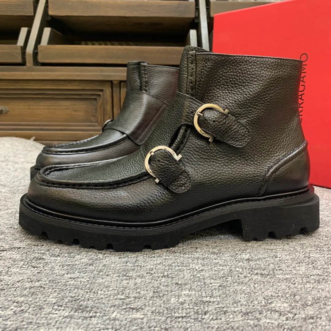 Men's shoes 💰960 🎁🎁🎁😈[Ferragamo] Men's high-top boots, the latest hot style, 1:1 original purchase quality, top quality, imported cowhide for the uppers, imported cowhide for the lining and feet, with original lightweight foam outsole, matching code 39-44, (38, 45 custom-made, non-refundable)